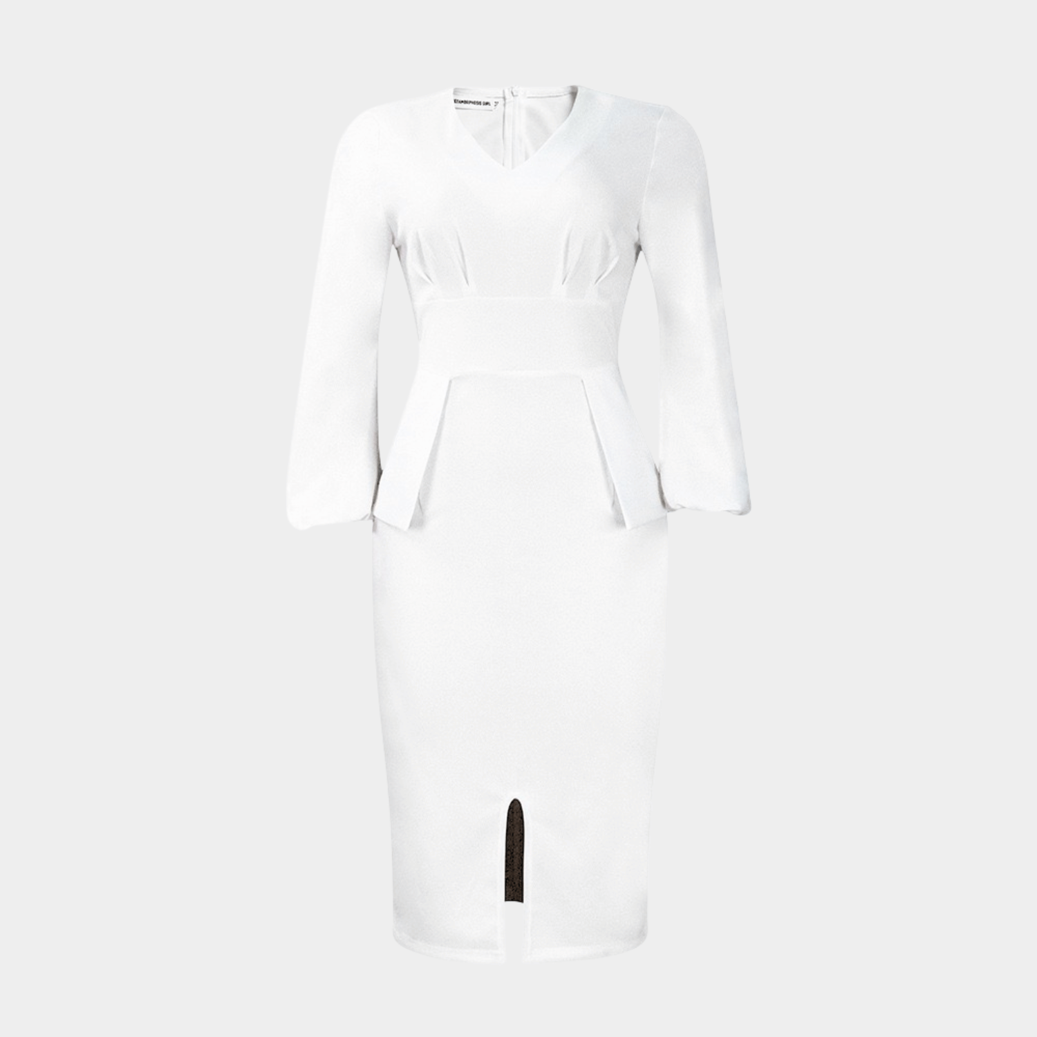 Tailored Midi Dress with Puff Sleeves and V Neck