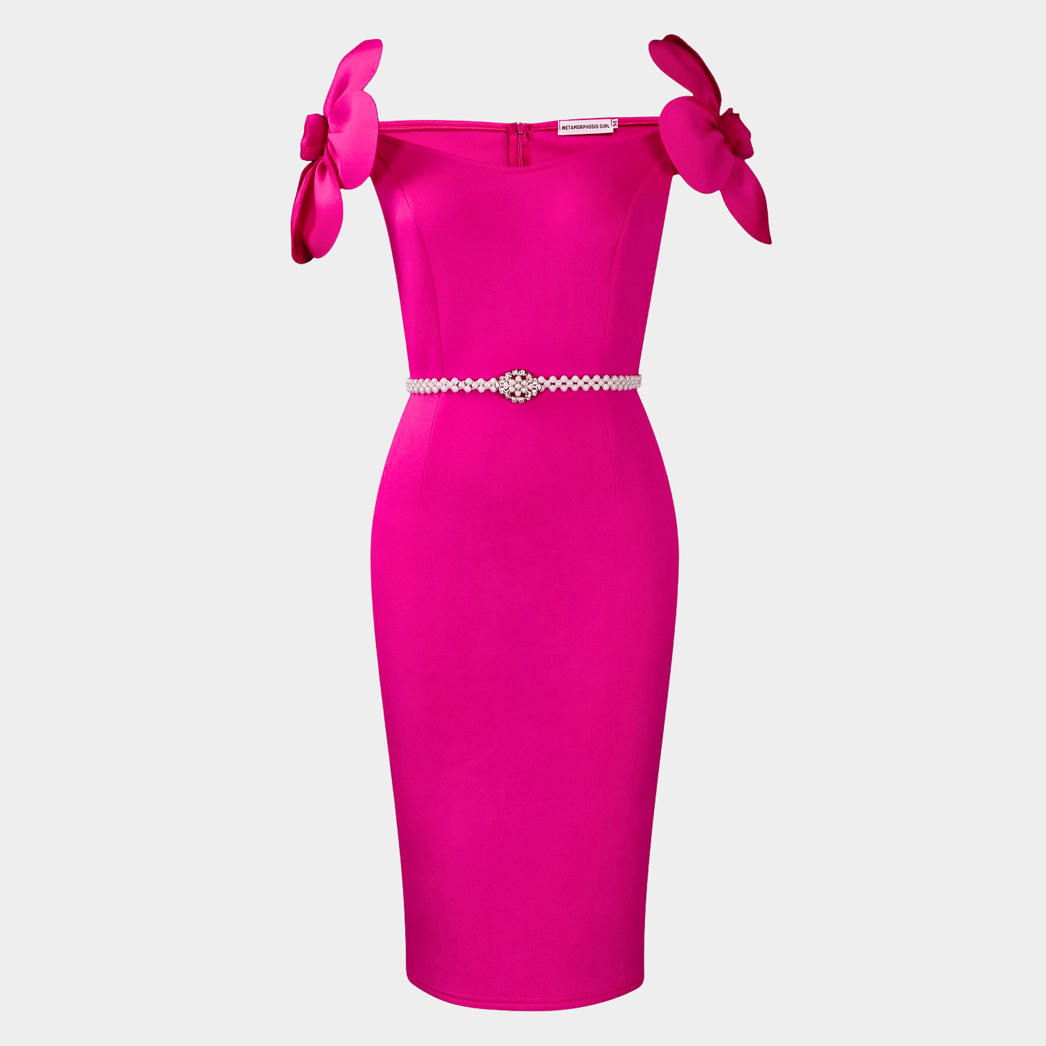 Off Shoulder Midi Dress with Sculpted Fit and Pearl Waist Belt