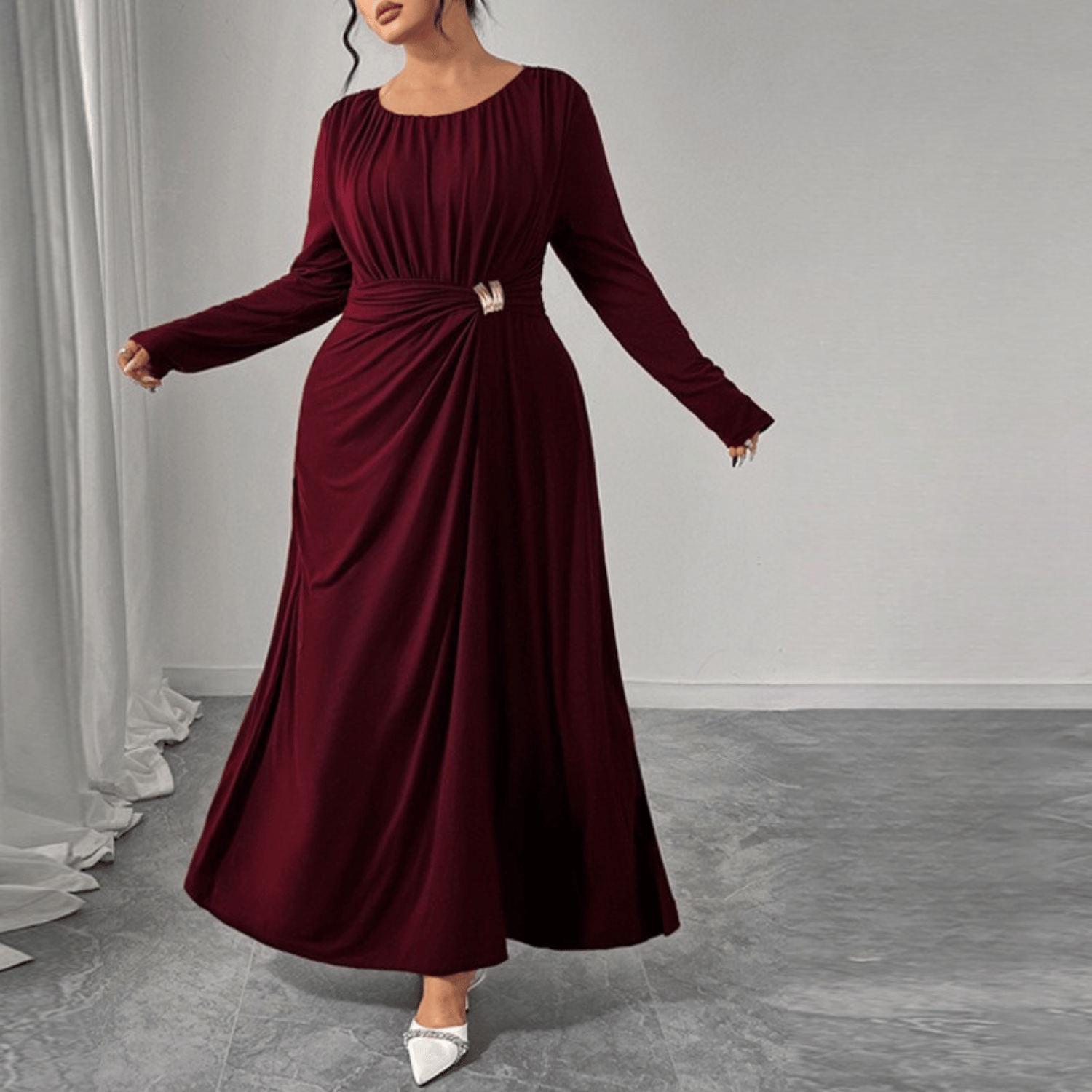 Plus Size Long Dress with Waist Draping and Fluid Fit