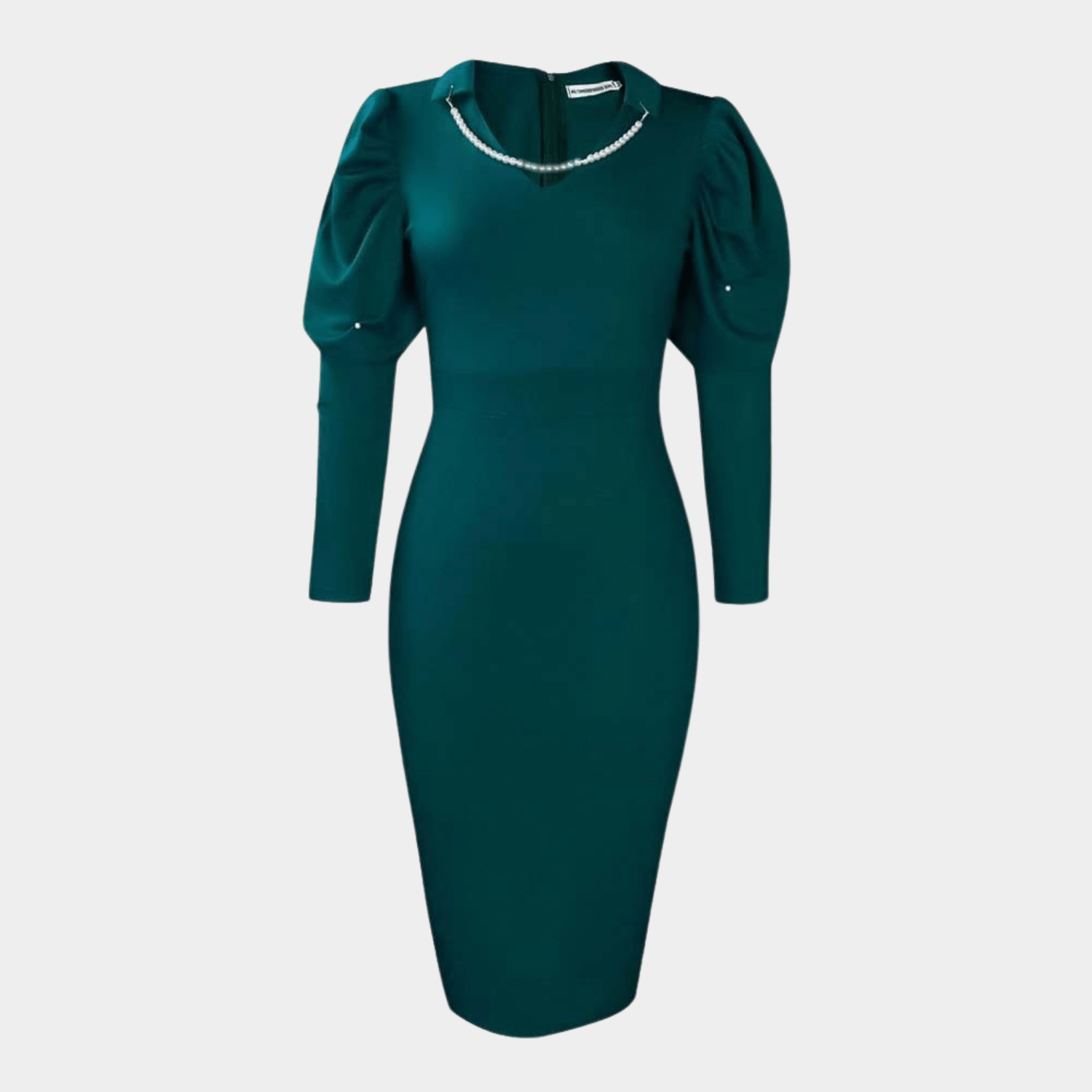 Elegant Midi Dress with Pearl V-Neck Design
