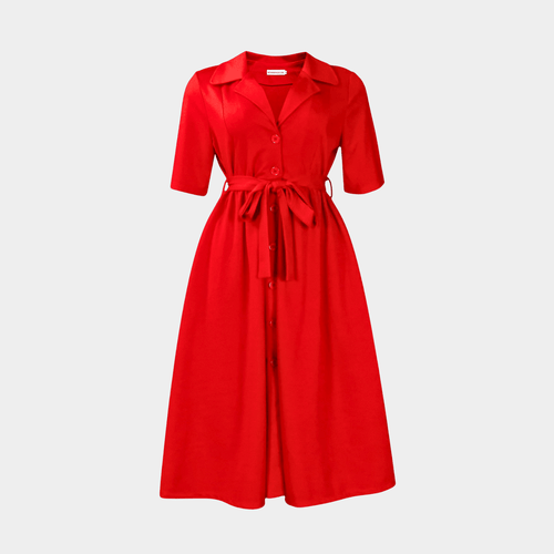 Button-Front Midi Dress with Waist Tie