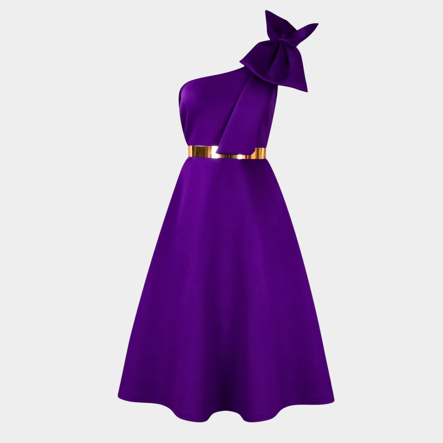 One-Shoulder Sculpted Midi Dress with Gold Waist Belt