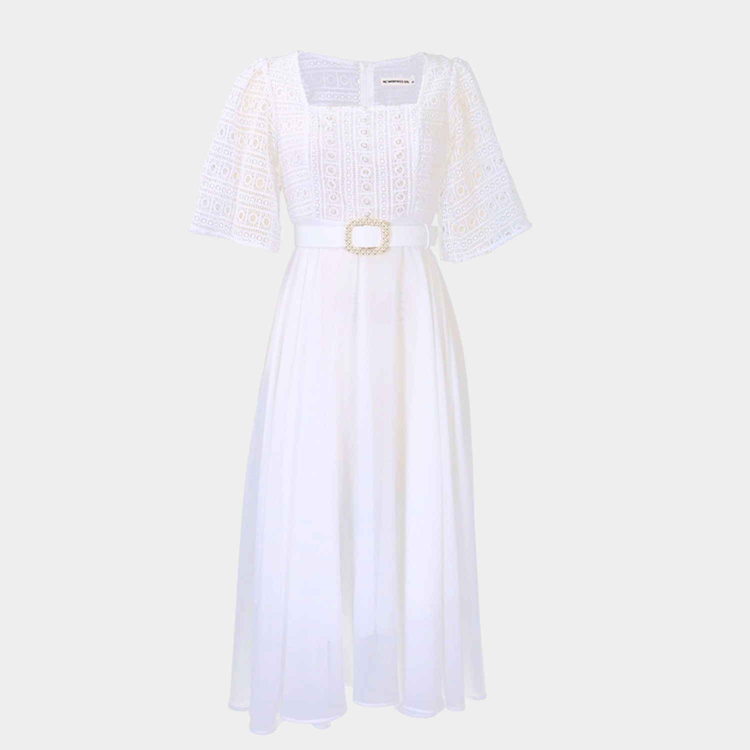 Pleated Midi Dress with Lace Top and Defined Waist Belt