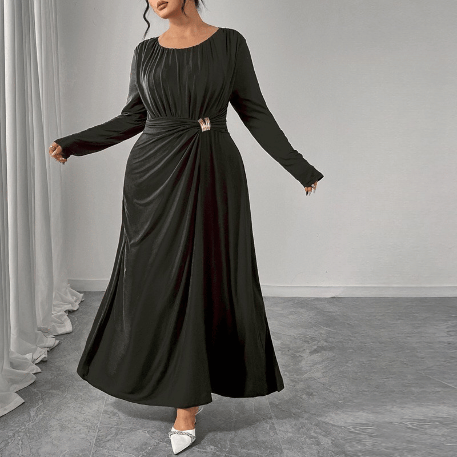Plus Size Long Dress with Waist Draping and Fluid Fit