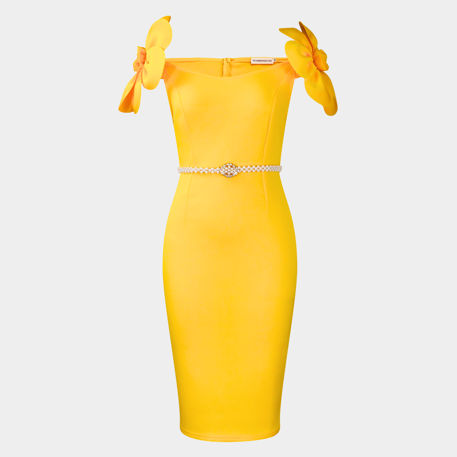 Off Shoulder Midi Dress with Sculpted Fit and Pearl Waist Belt