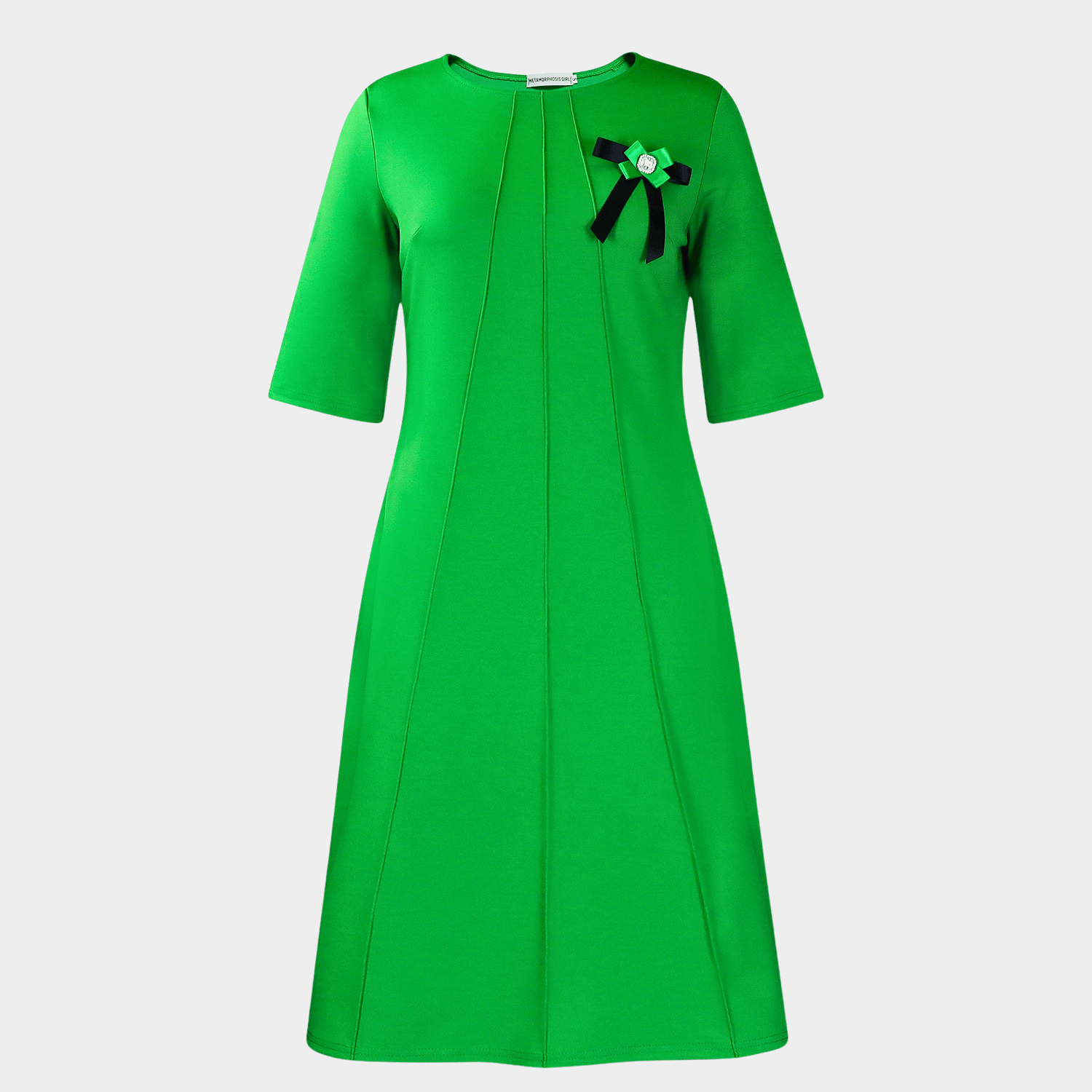 Elegant Straight-Cut Midi Dress with Signature Brooch