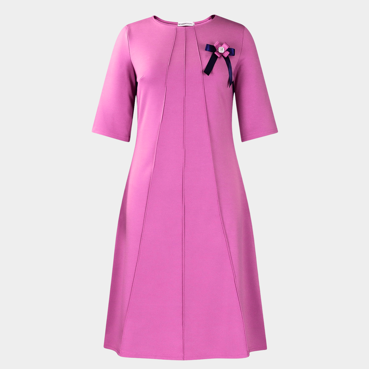 Elegant Straight-Cut Midi Dress with Signature Brooch