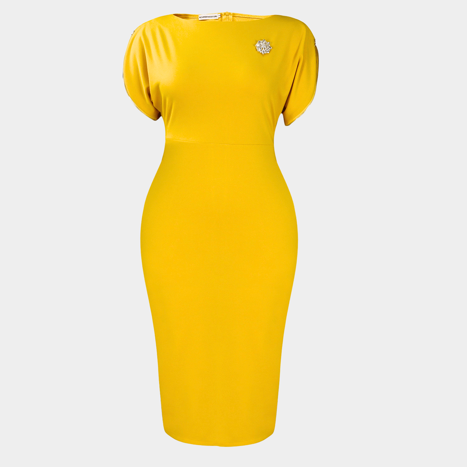 Body-Shaping Midi Dress with Decorative Brooch