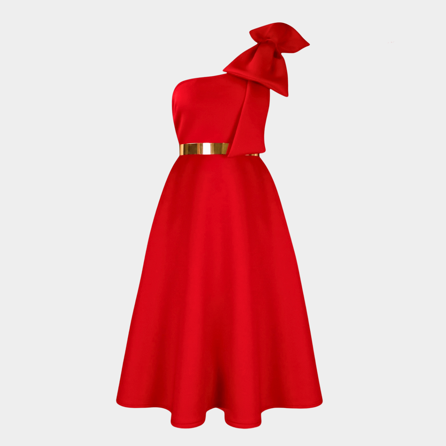 One-Shoulder Sculpted Midi Dress with Gold Waist Belt