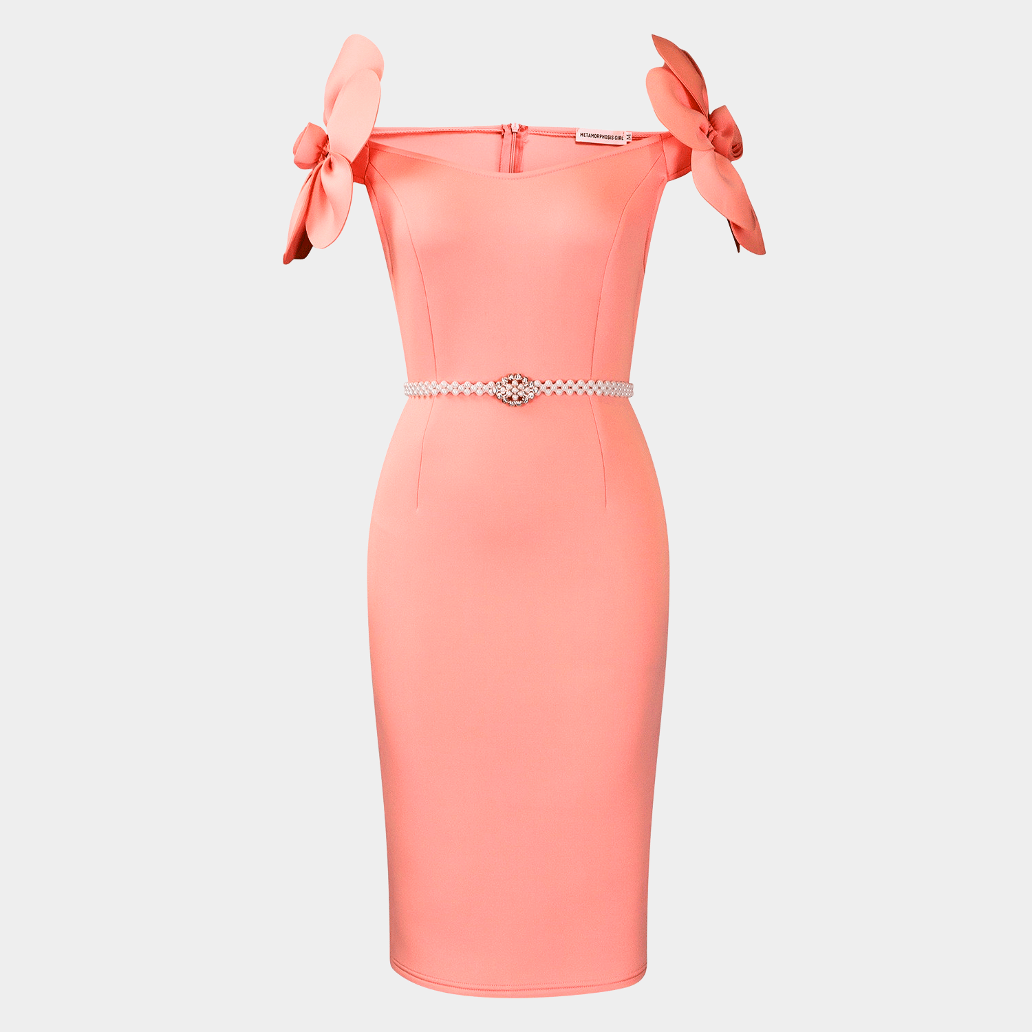 Off Shoulder Midi Dress with Sculpted Fit and Pearl Waist Belt