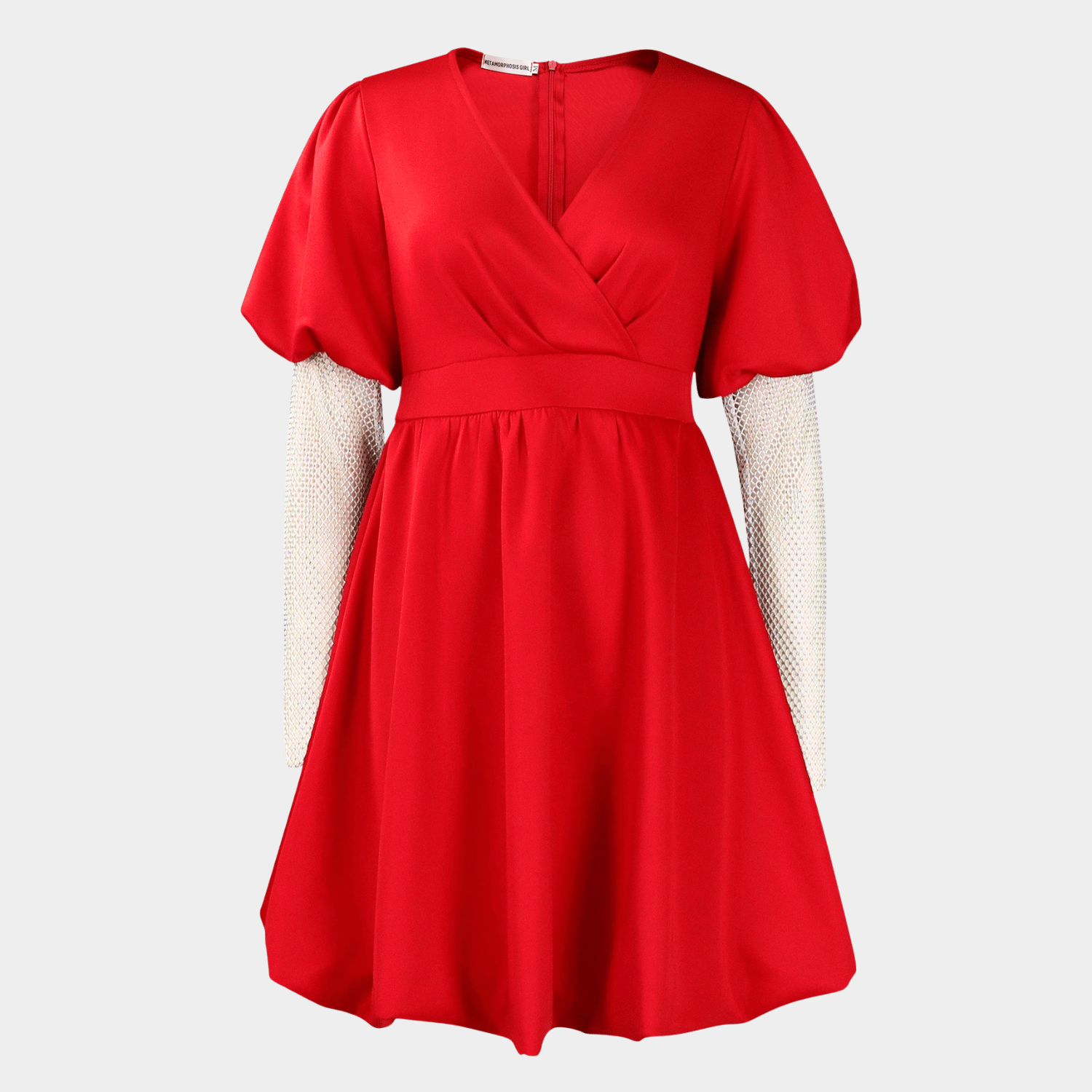 Wrap V Neck Midi Dress with Puff Sleeves and Flared Skirt