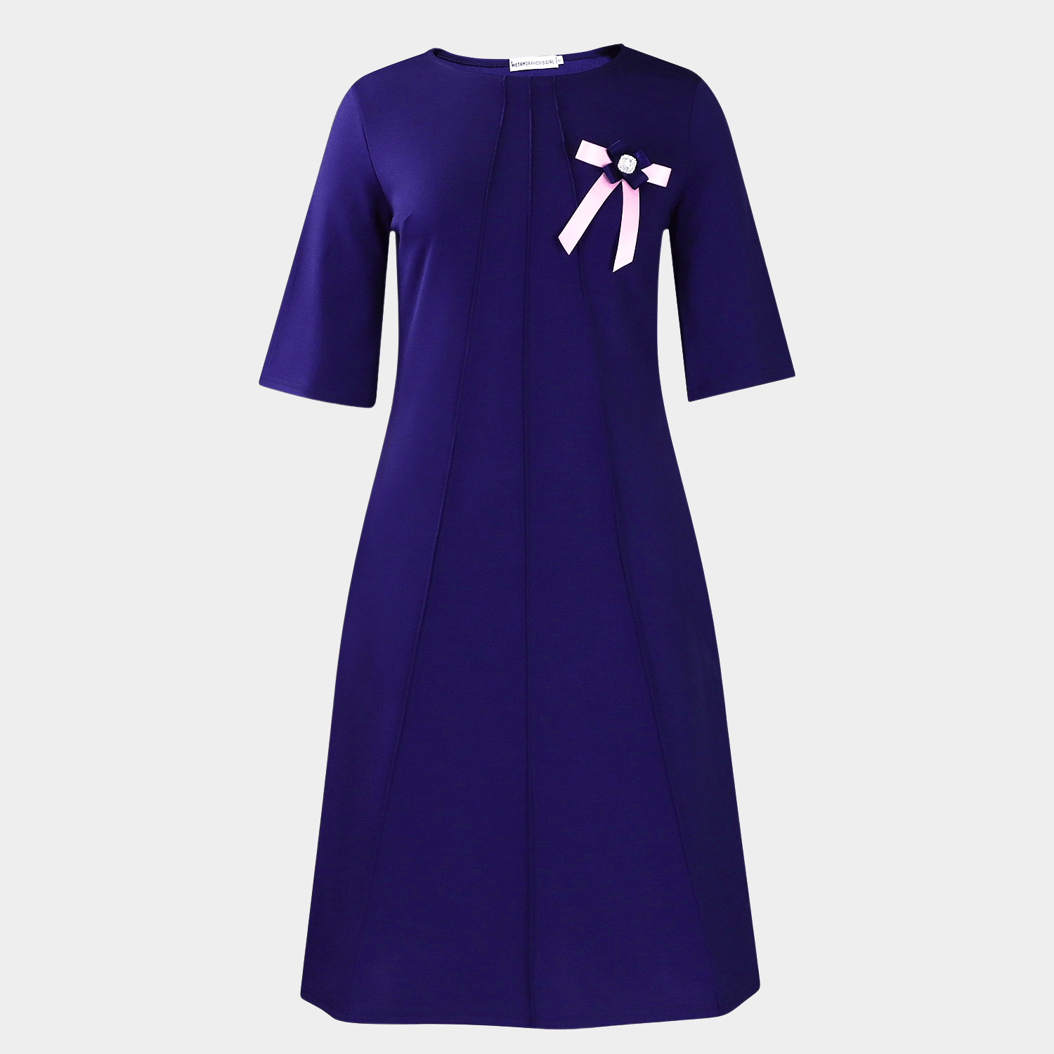 Elegant Straight-Cut Midi Dress with Signature Brooch