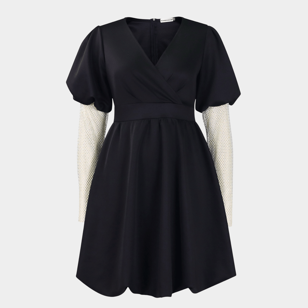 Wrap V Neck Midi Dress with Puff Sleeves and Flared Skirt