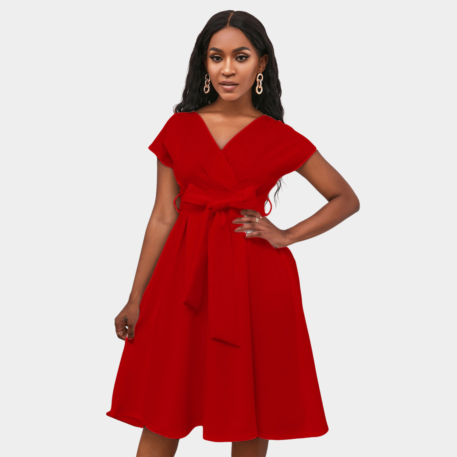 Wrap Style Midi Dress with Waist Tie and V Neck