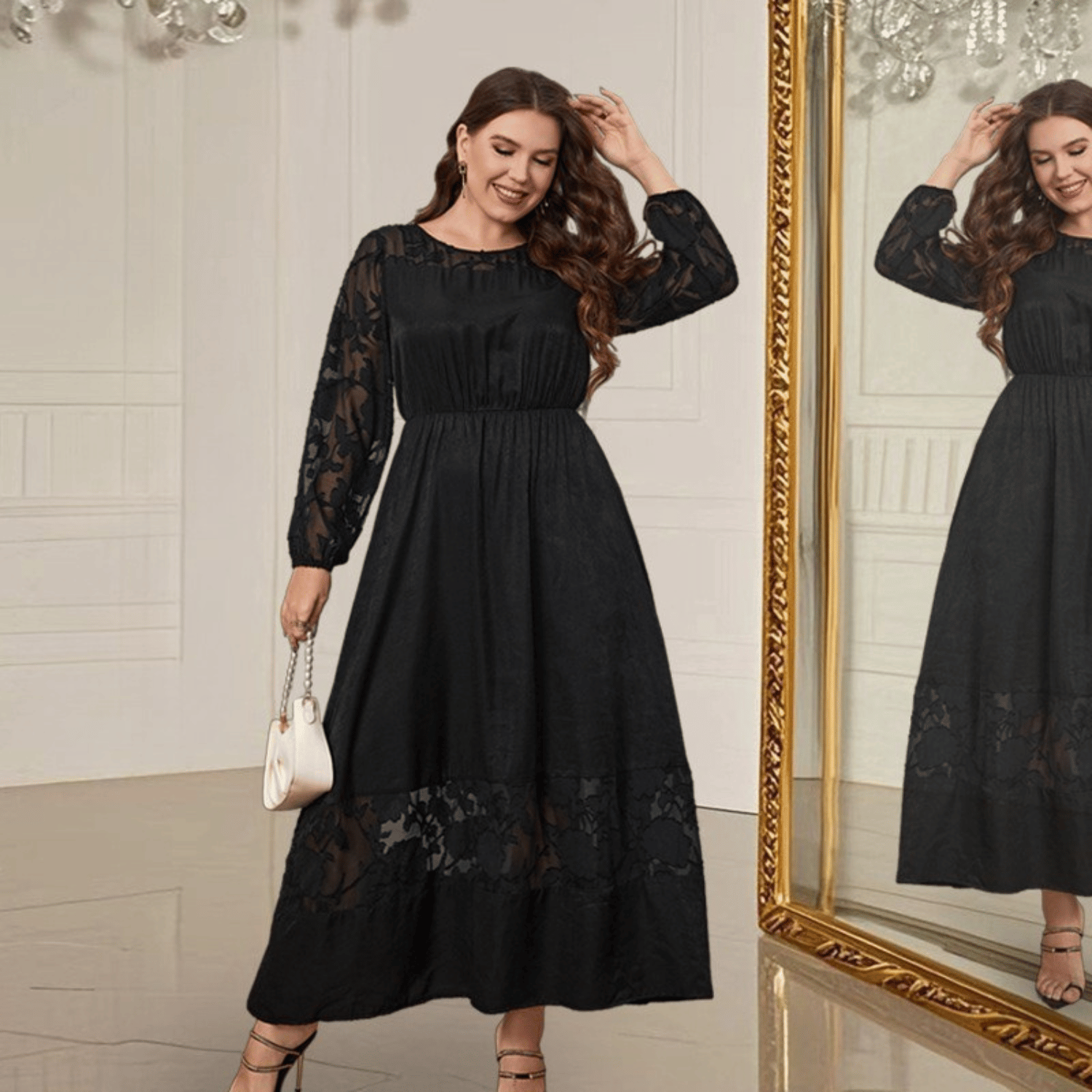 Plus Size Floral Lace Long Sleeve Maxi Dress