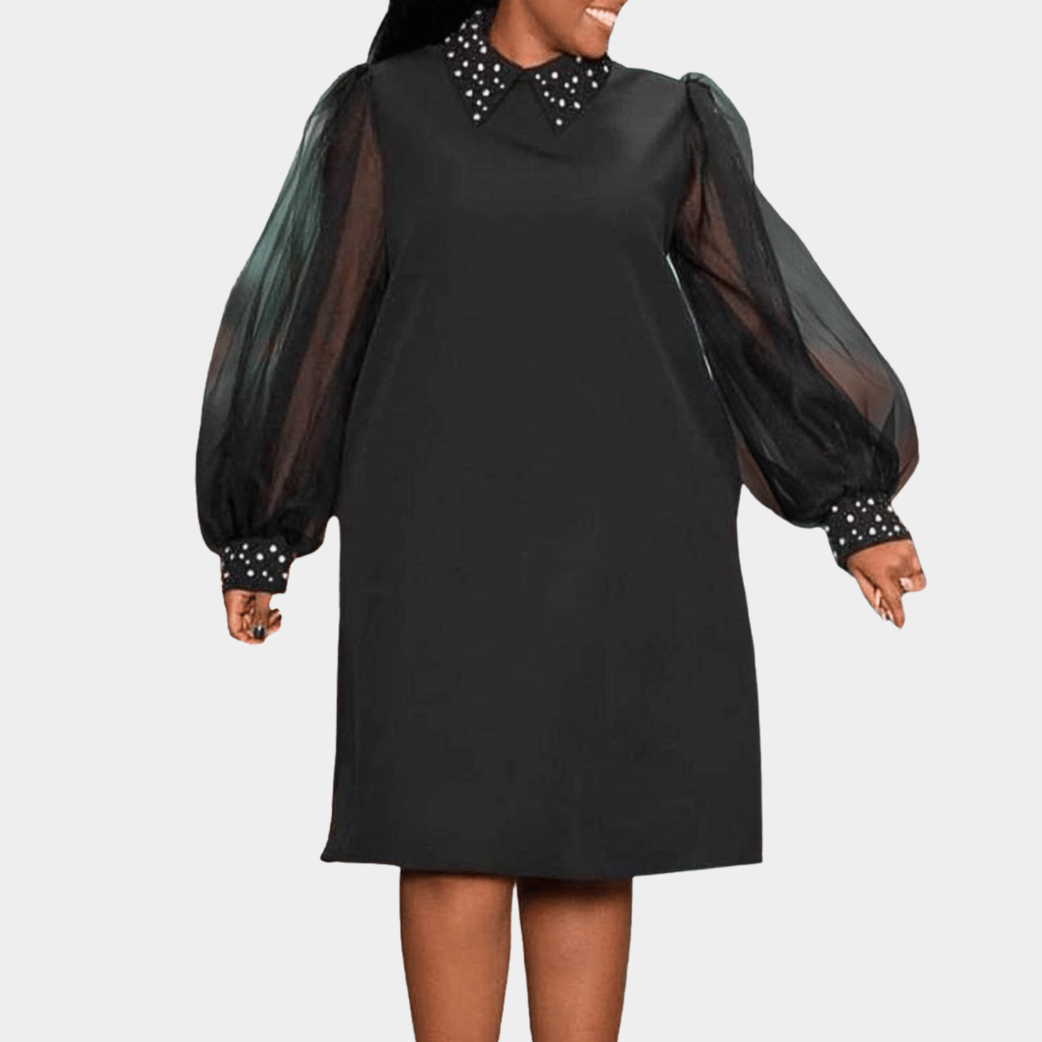 Midi Dress with Beaded Collar and Volume Sleeves