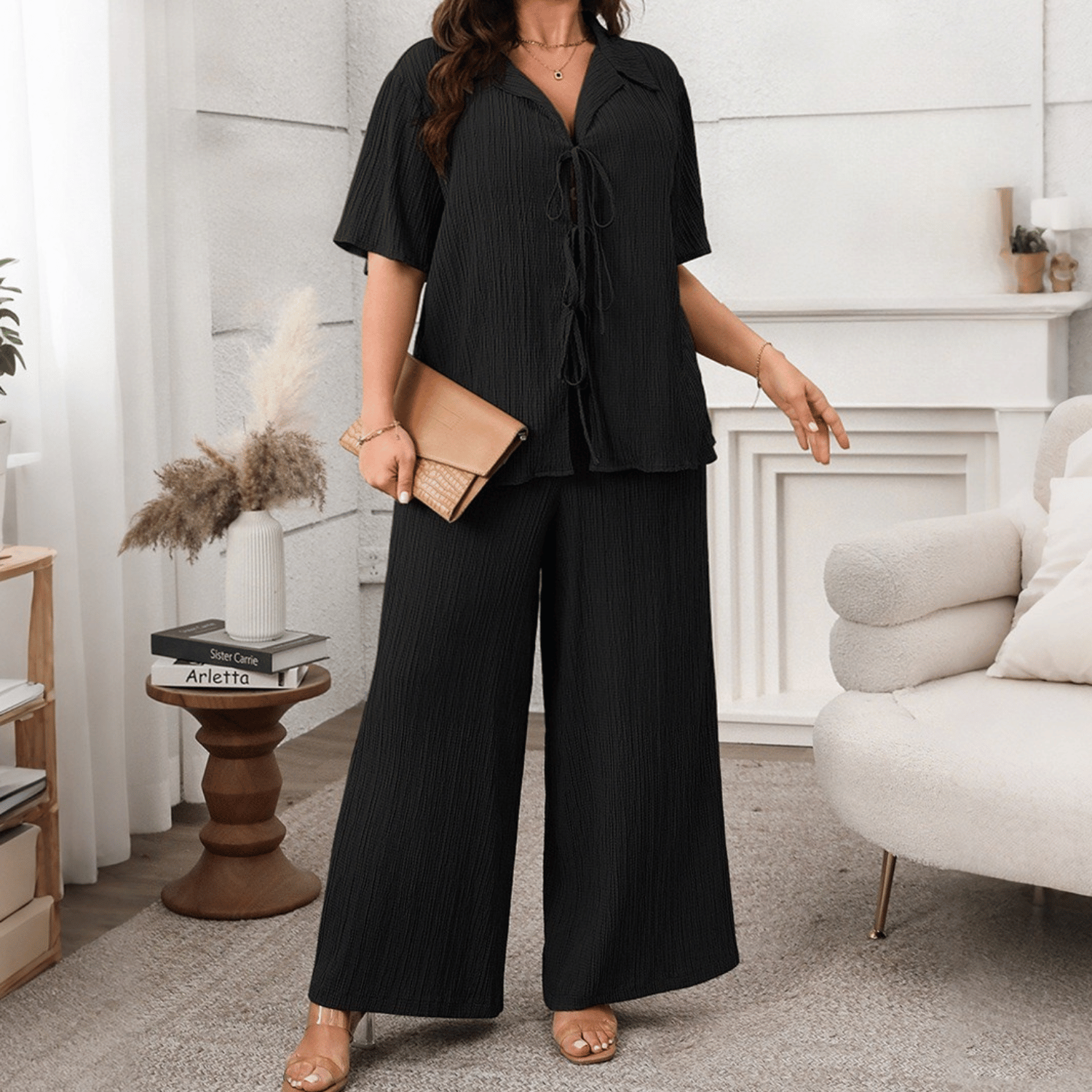Plus Size Tie Front Shirt and Wide Leg Trousers Set