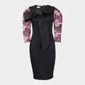 Structured Midi Dress with Front Bow Detail and Patterned Puff Sleeves