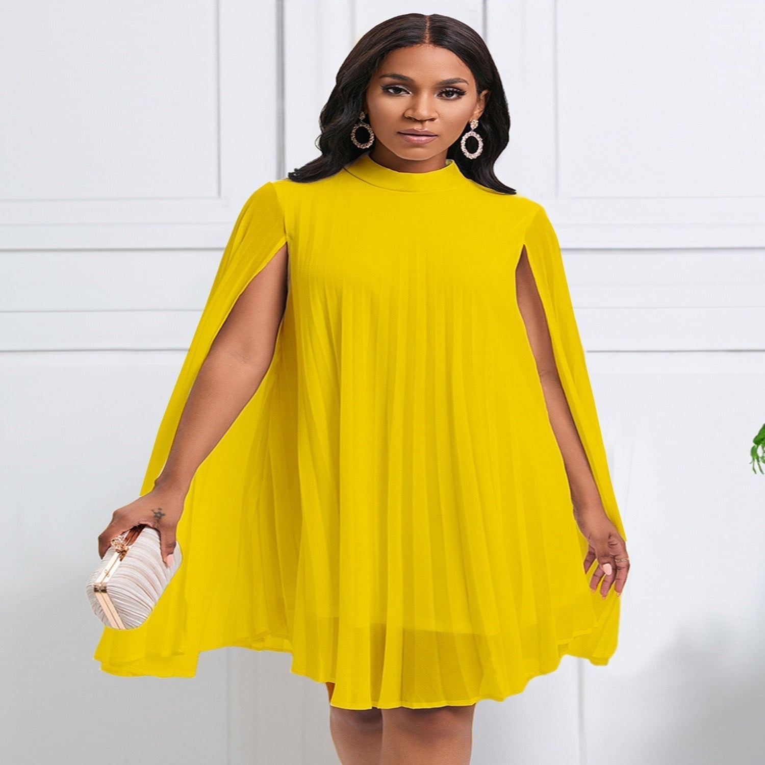 High-Neck Pleated Cape Blouse
