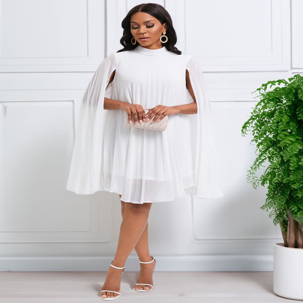 High-Neck Pleated Cape Blouse