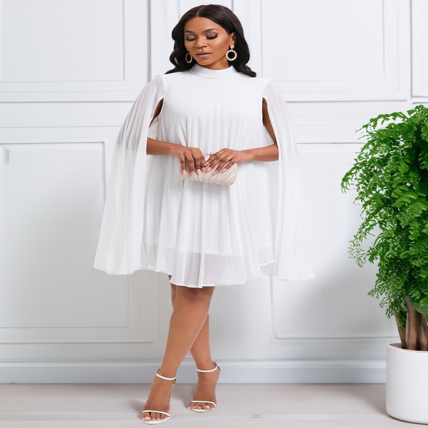 High-Neck Pleated Cape Blouse