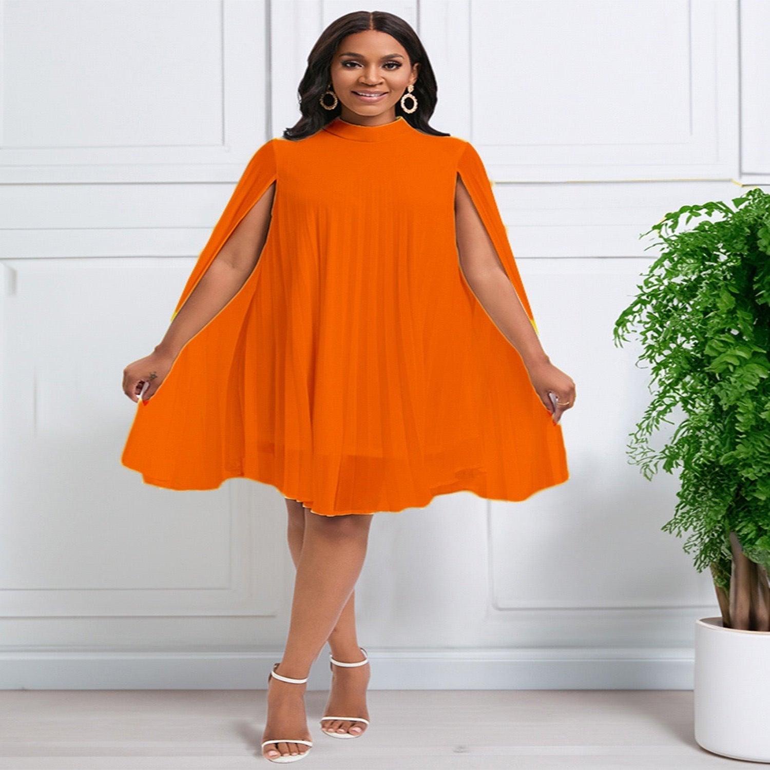 High-Neck Pleated Cape Blouse