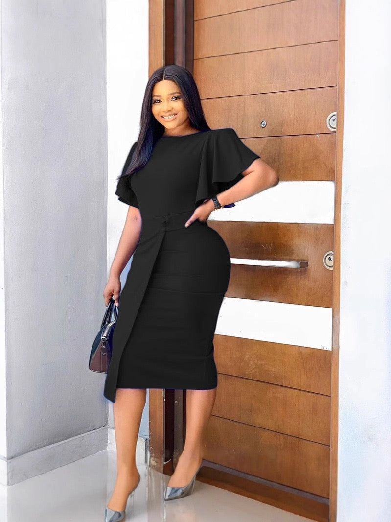 Elegant Body-Shaping Midi Dress with Cape Sleeves