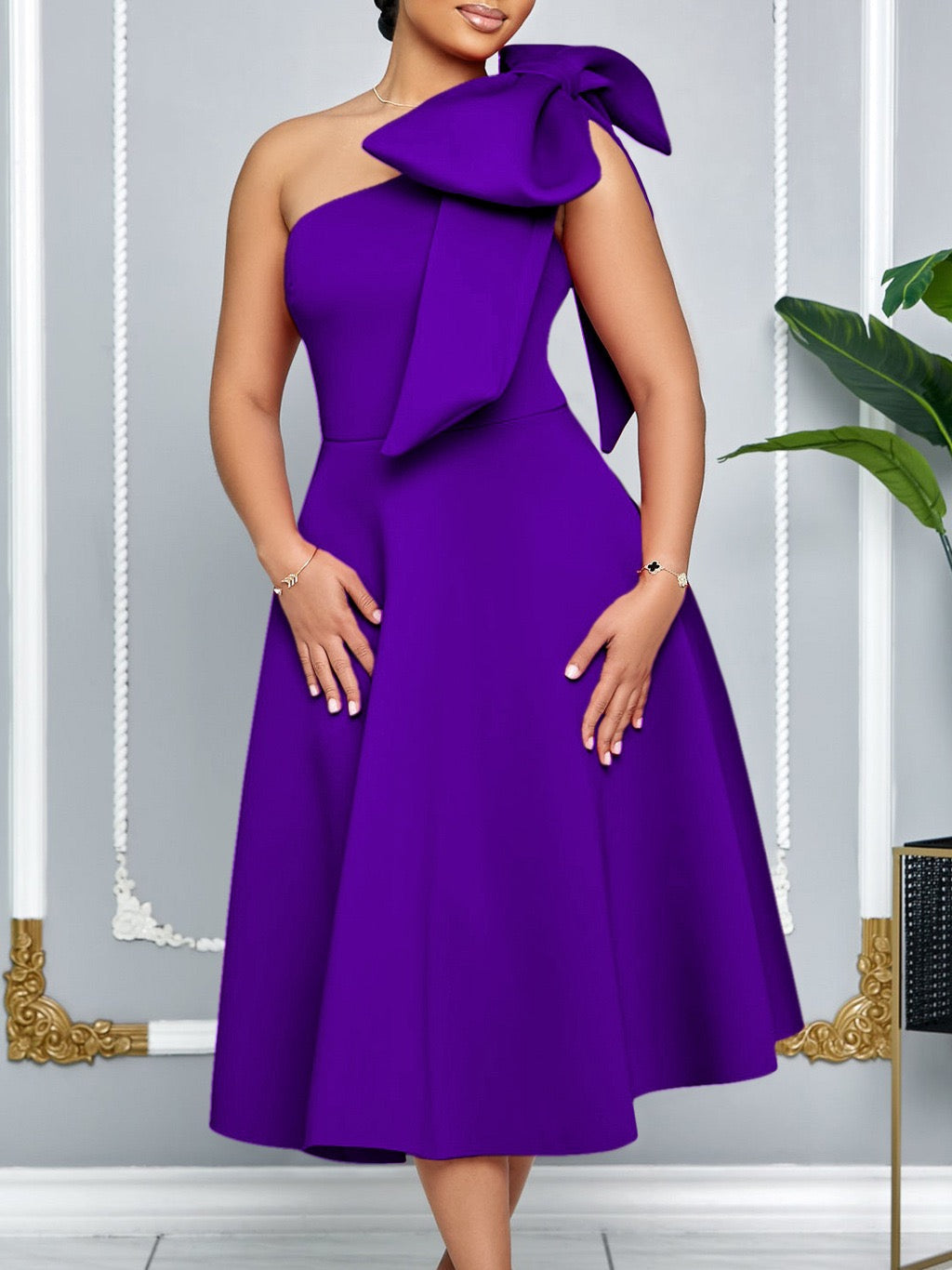 One-Shoulder Sculpted Midi Dress with Gold Waist Belt