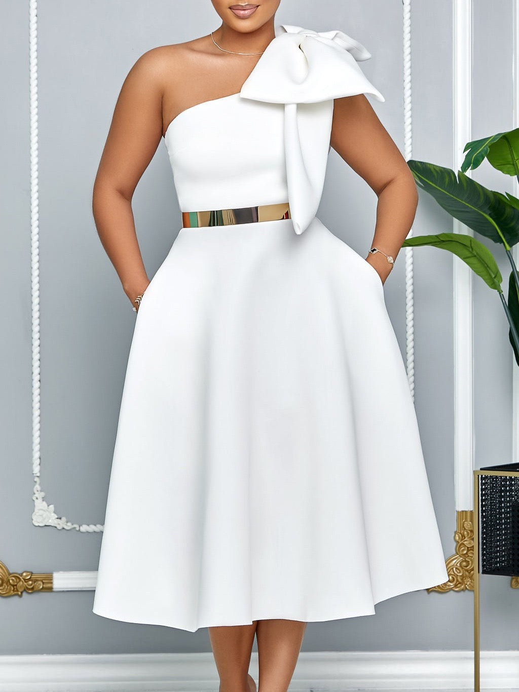 One-Shoulder Sculpted Midi Dress with Gold Waist Belt