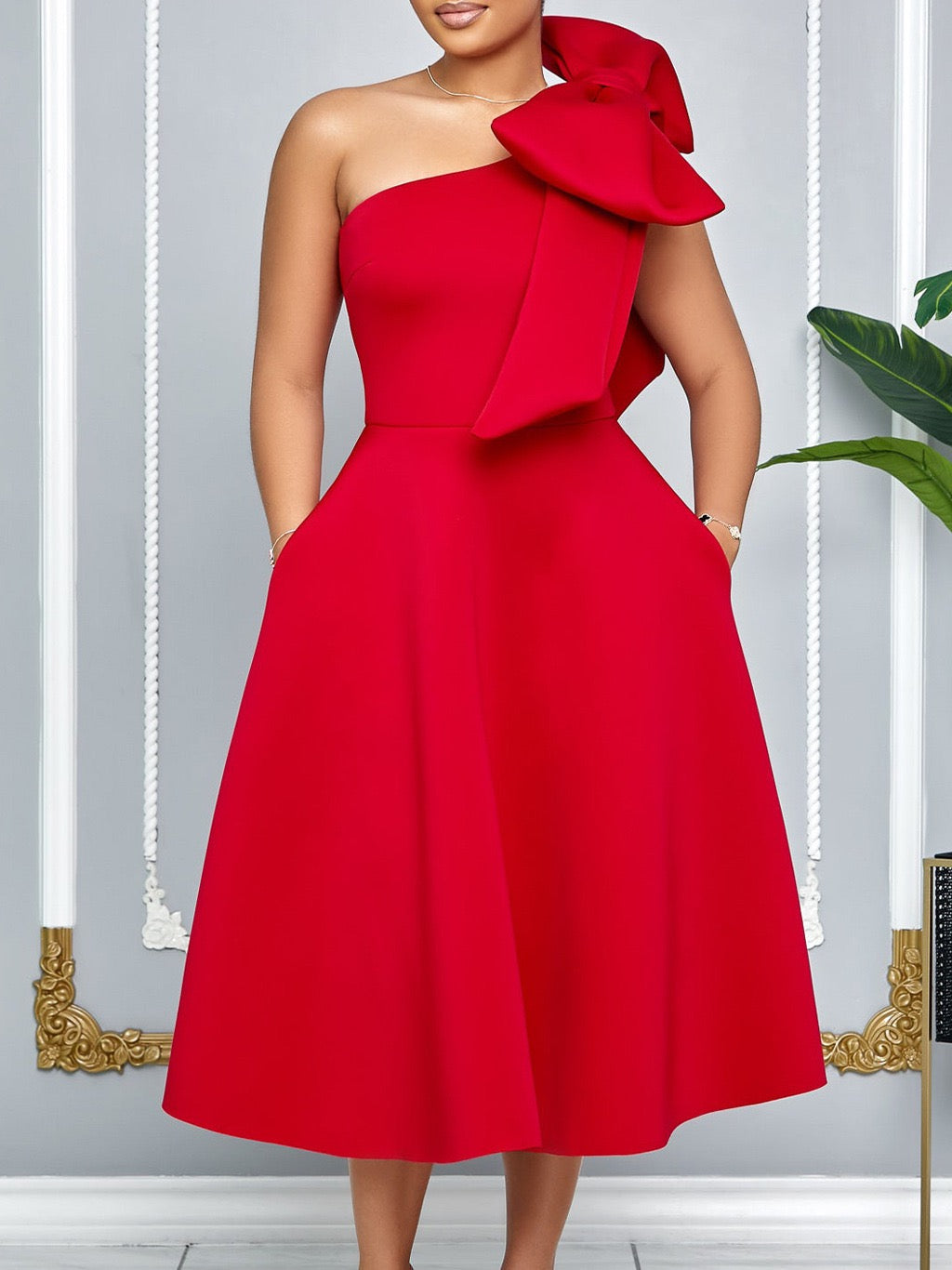 One-Shoulder Sculpted Midi Dress with Gold Waist Belt