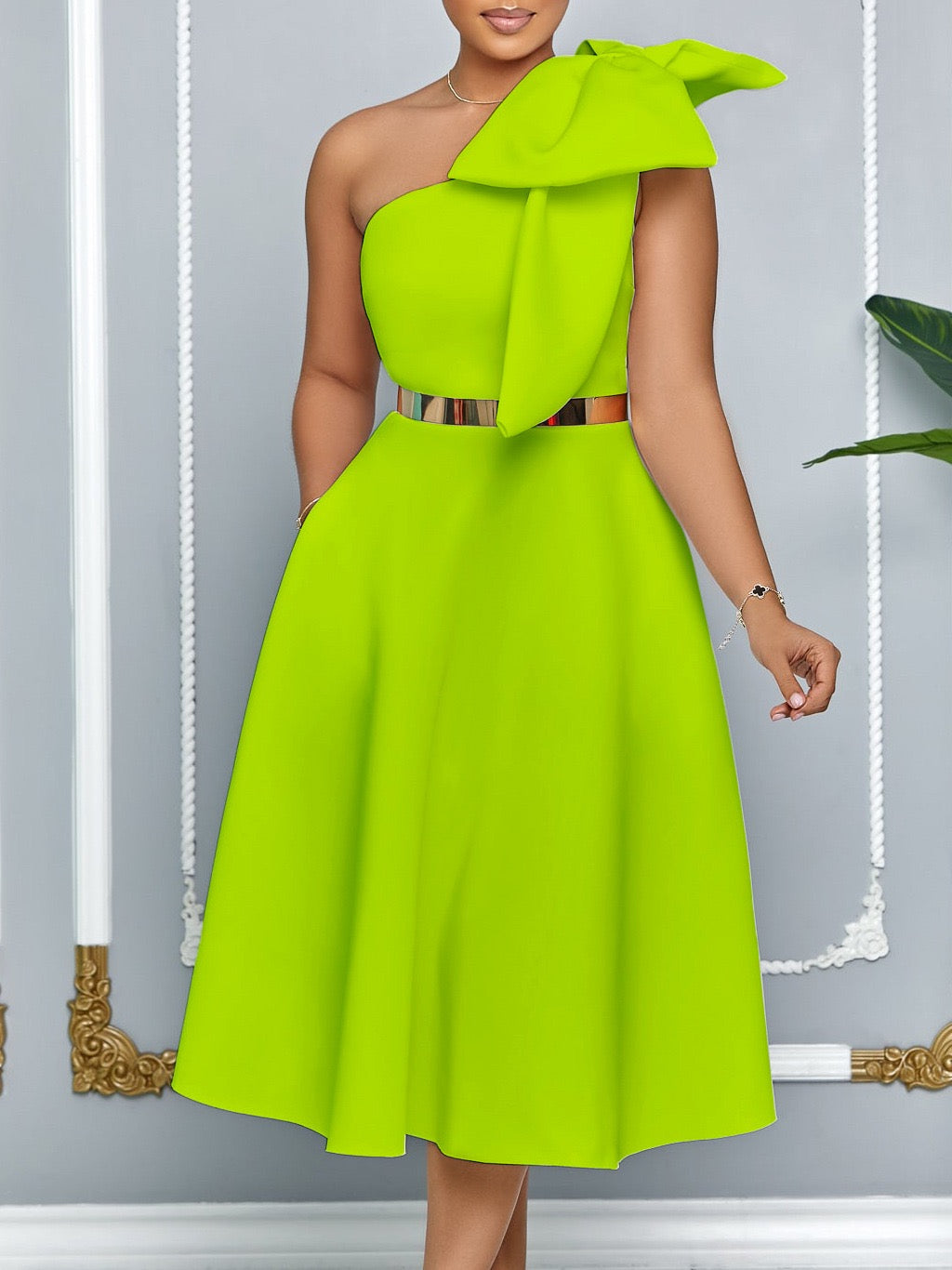 One-Shoulder Sculpted Midi Dress with Gold Waist Belt