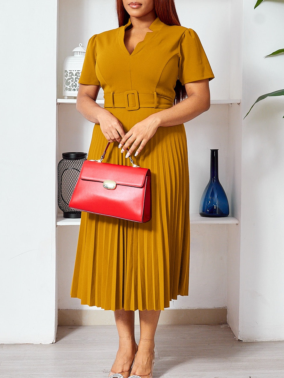 Graceful Pleated Midi Dress with Waist Belt