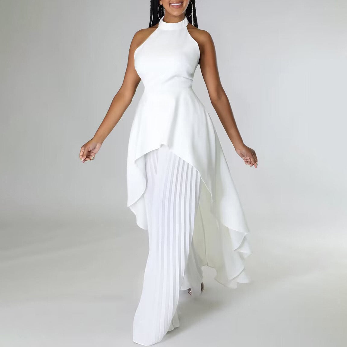 Sculpted Halter Neck Dress with Draped Hem