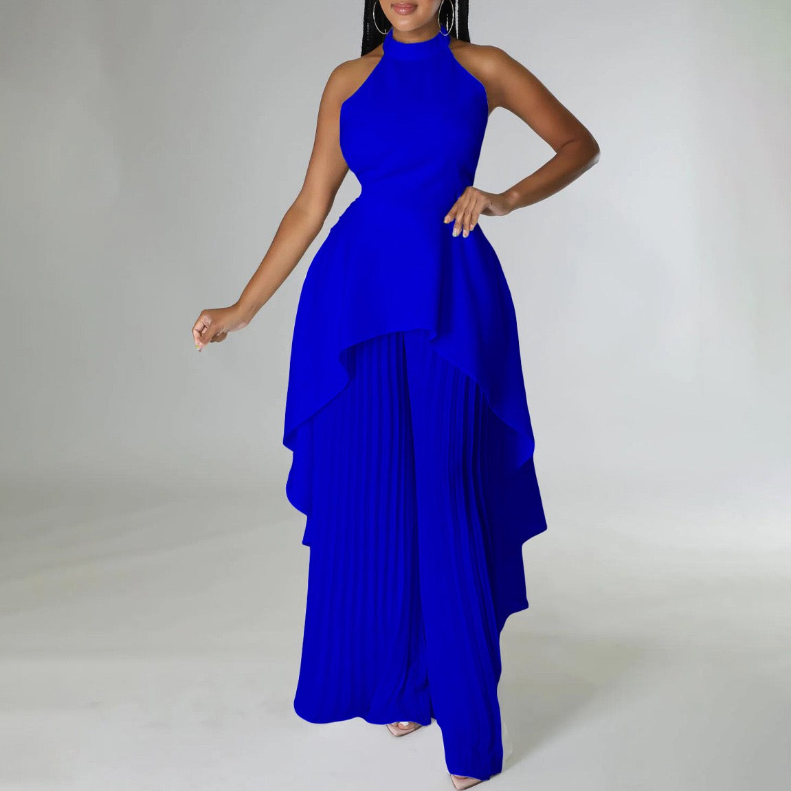 Sculpted Halter Neck Dress with Draped Hem