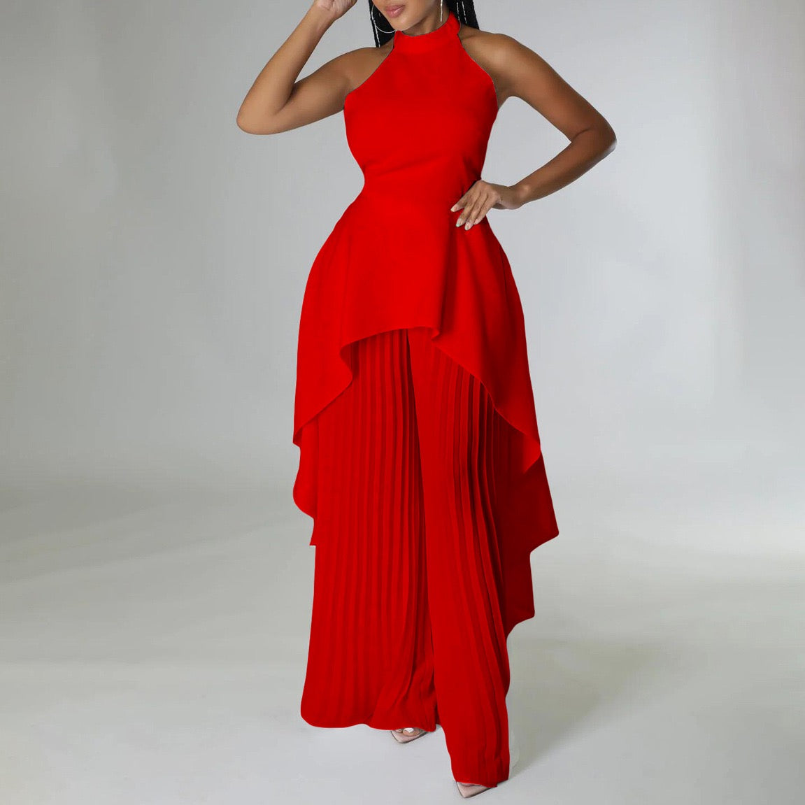 Sculpted Halter Neck Dress with Draped Hem