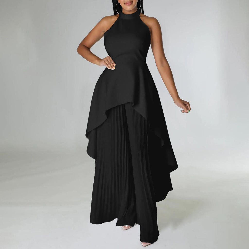 Sculpted Halter Neck Dress with Draped Hem