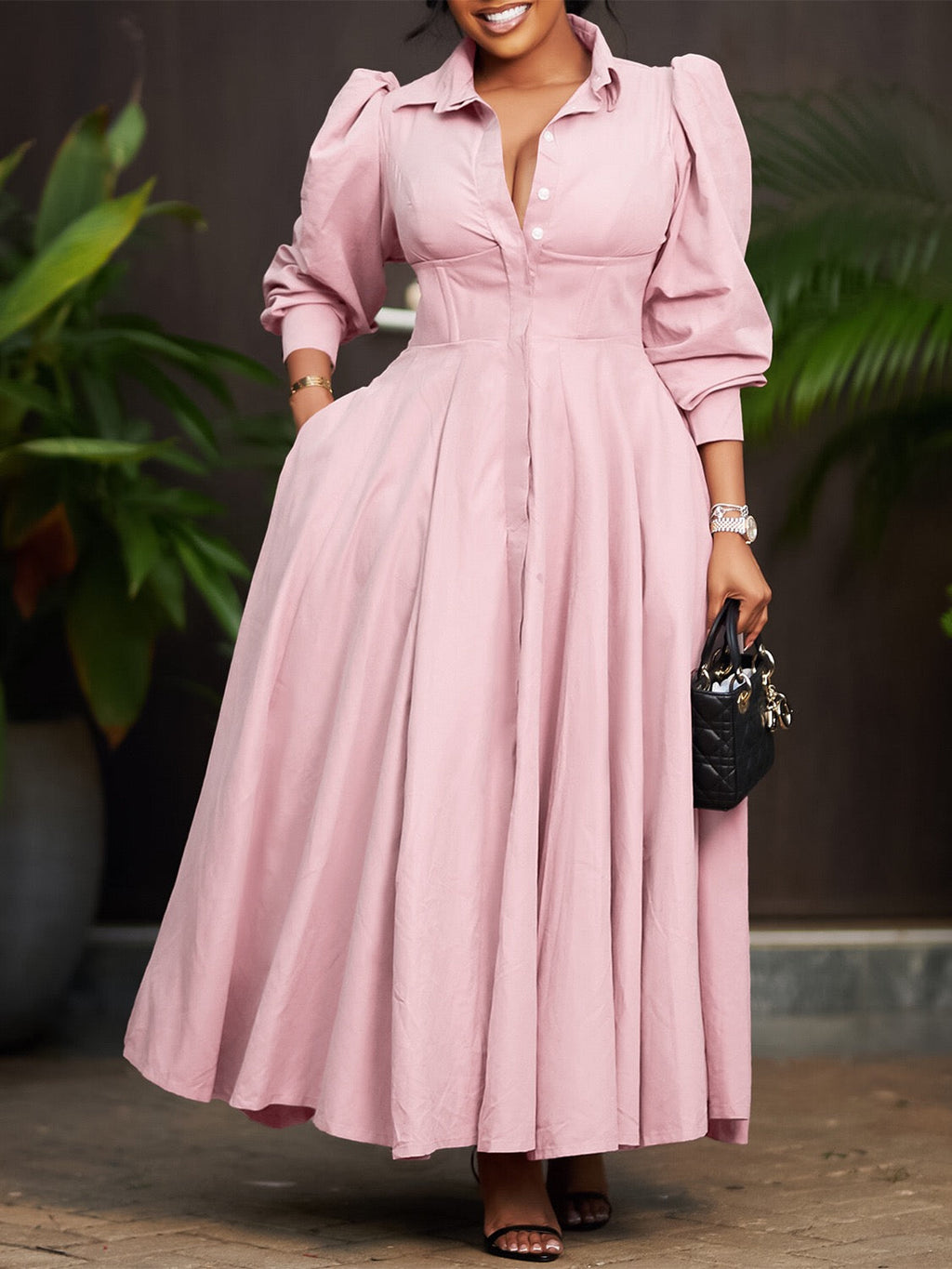Elegant Buttoned Maxi Dress with Defined Silhouette