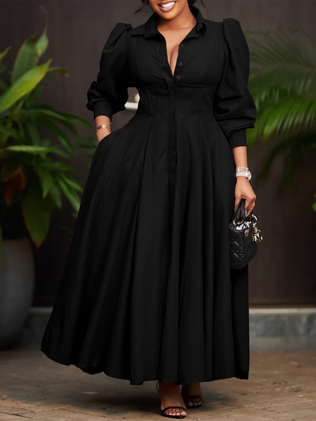 Elegant Buttoned Maxi Dress with Defined Silhouette