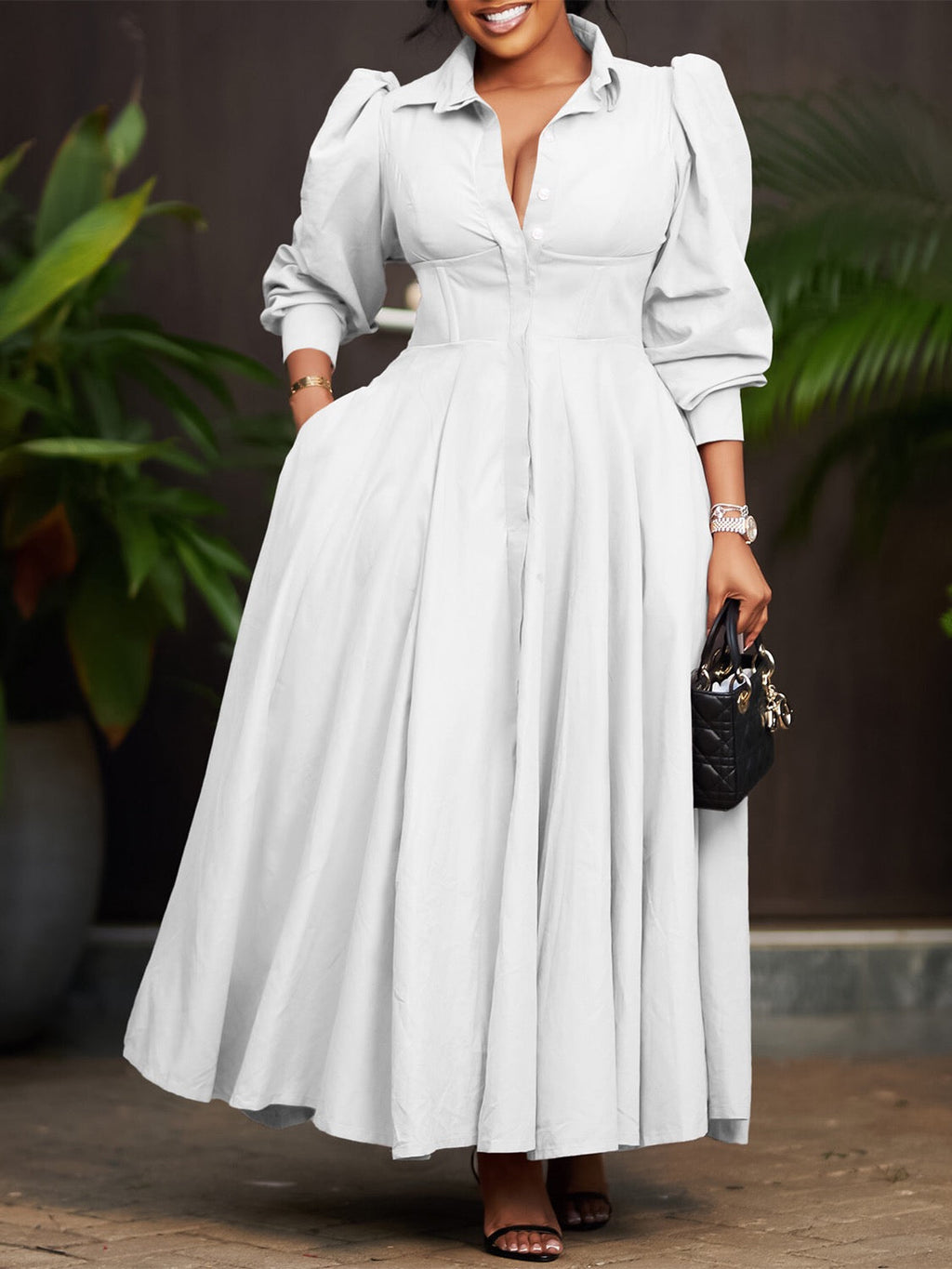 Elegant Buttoned Maxi Dress with Defined Silhouette