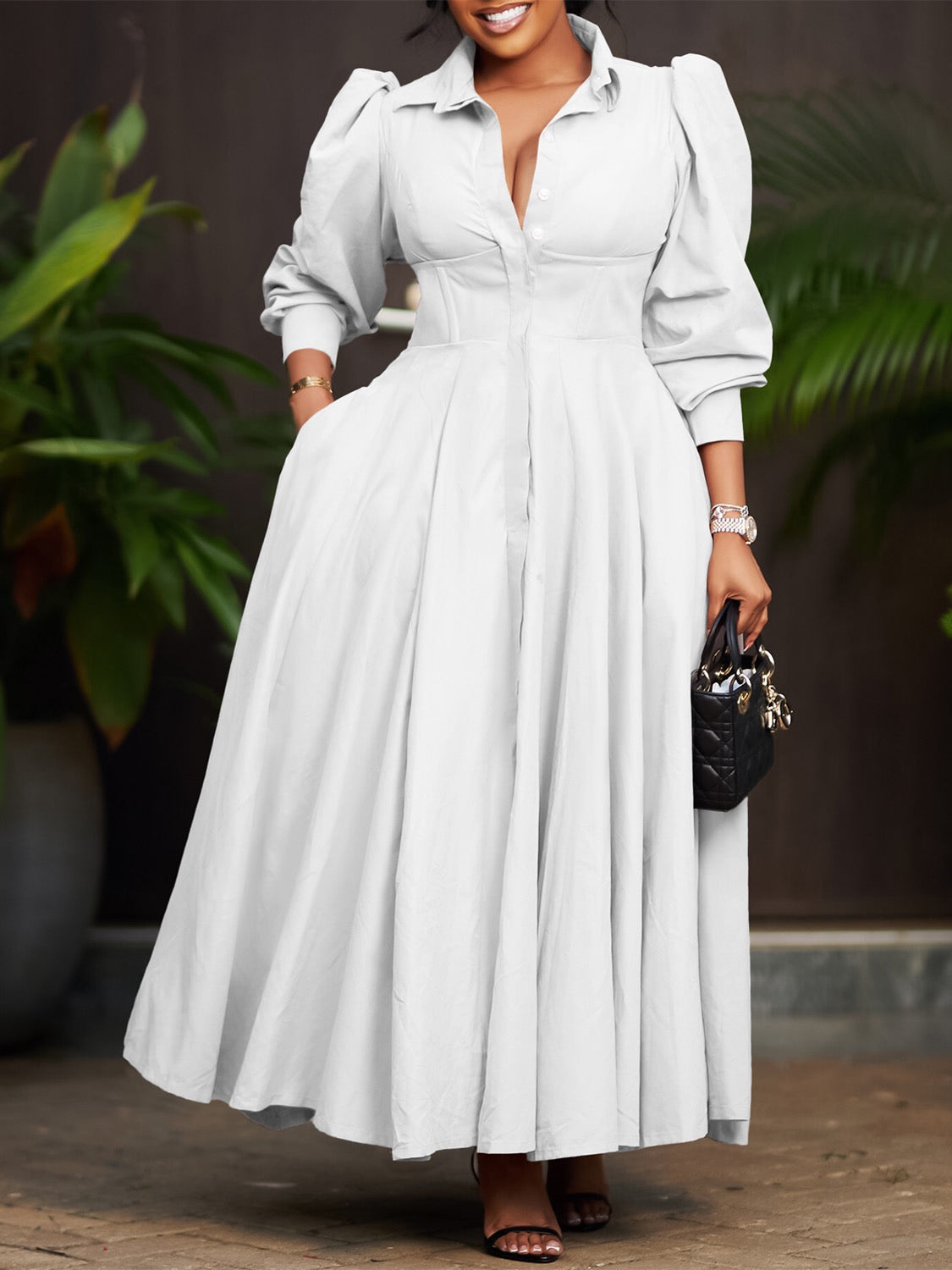 Elegant Buttoned Maxi Dress with Defined Silhouette
