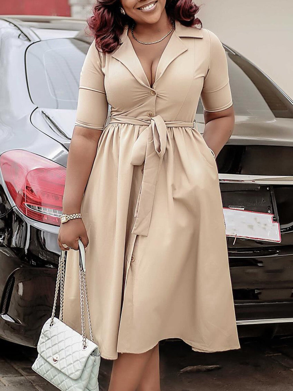 Button-Front Midi Dress with Waist Tie