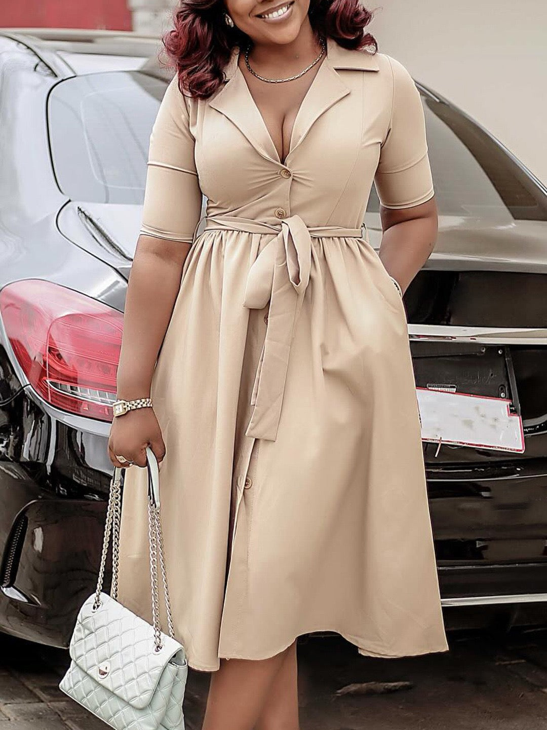 Button-Front Midi Dress with Waist Tie