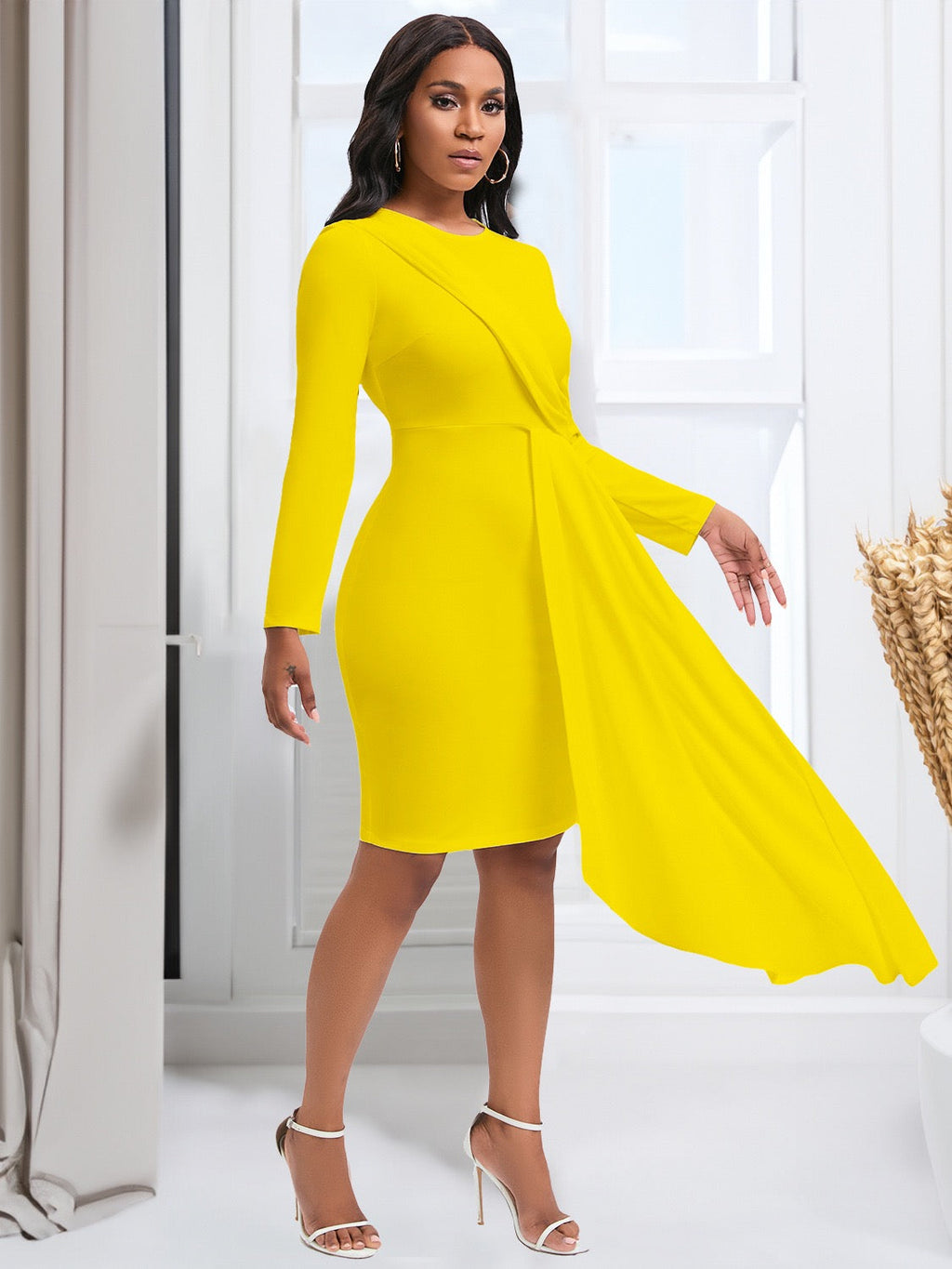 Bold Tailored Midi Dress with Fluid Draped Front