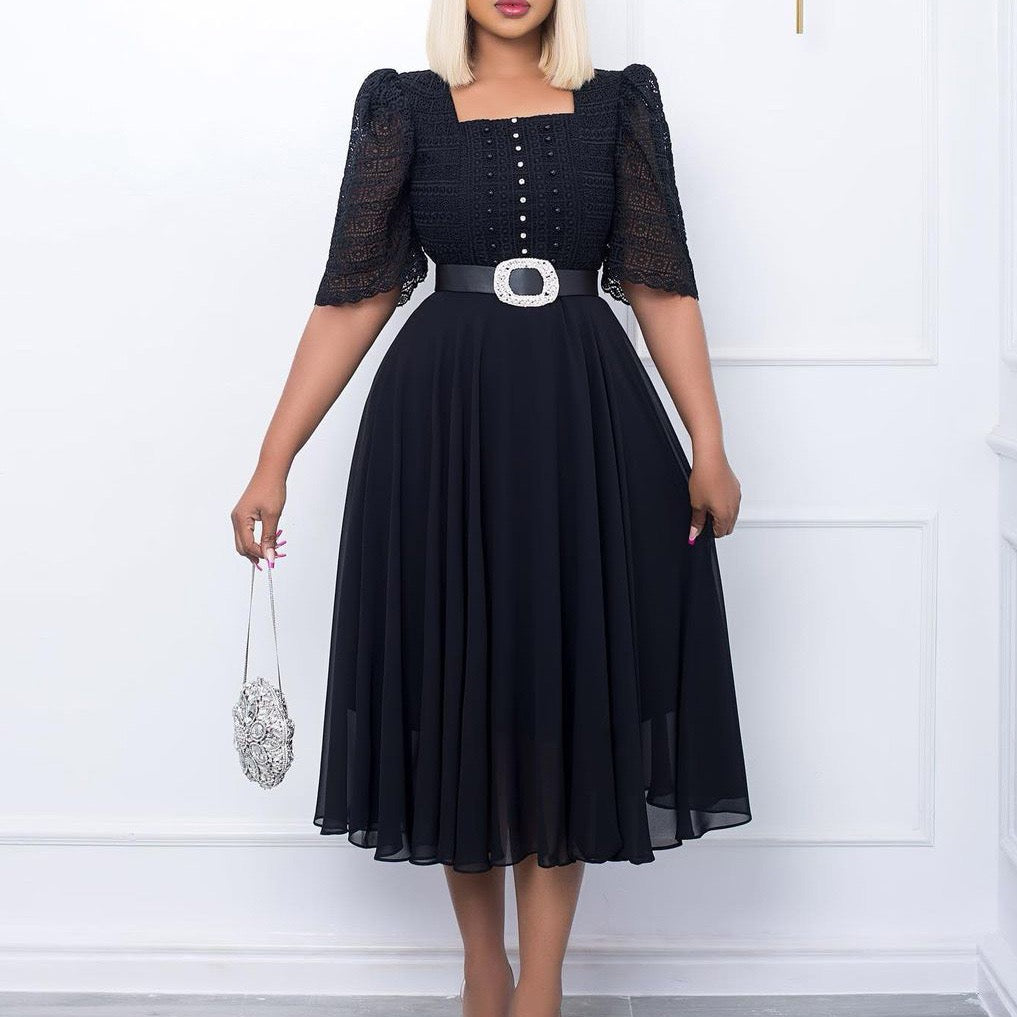 Pleated Midi Dress with Lace Top and Defined Waist Belt