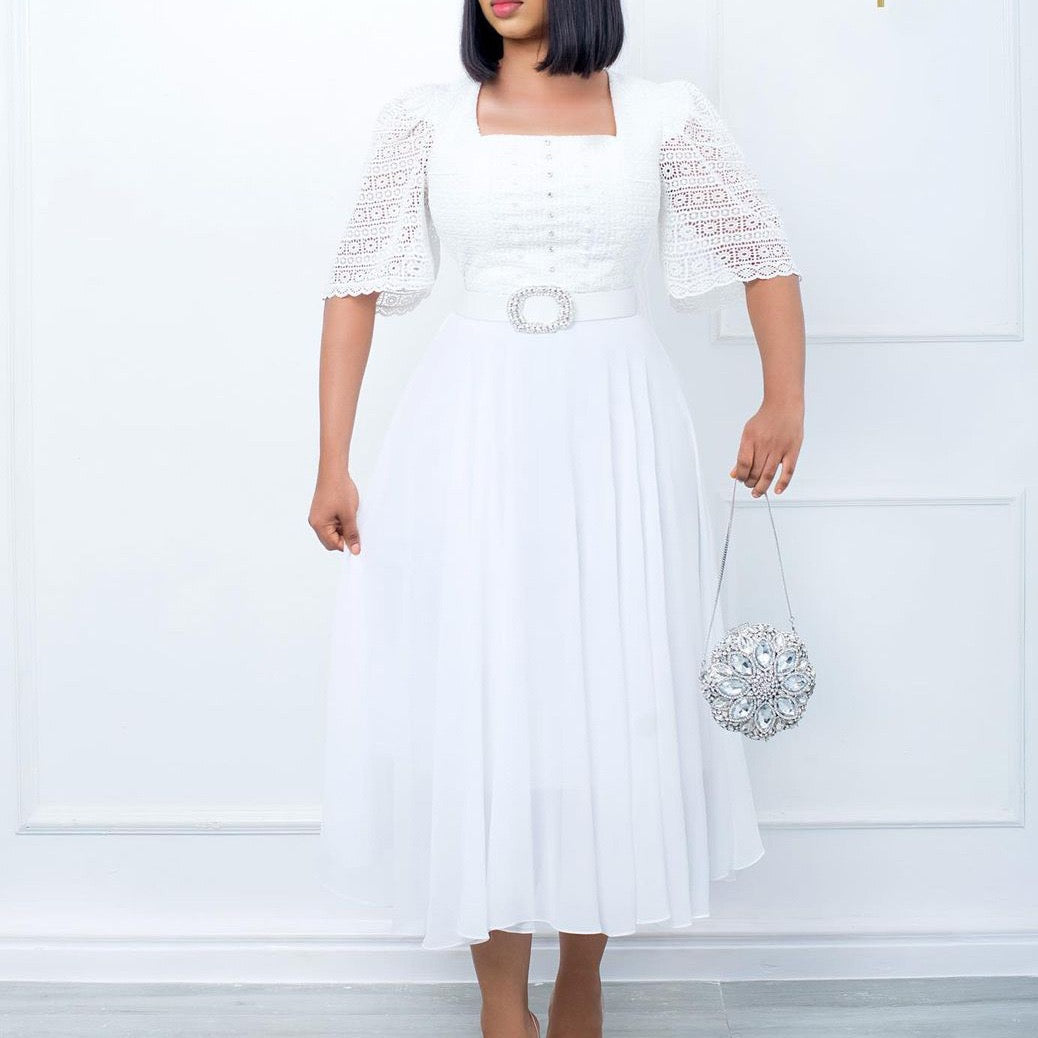 Pleated Midi Dress with Lace Top and Defined Waist Belt