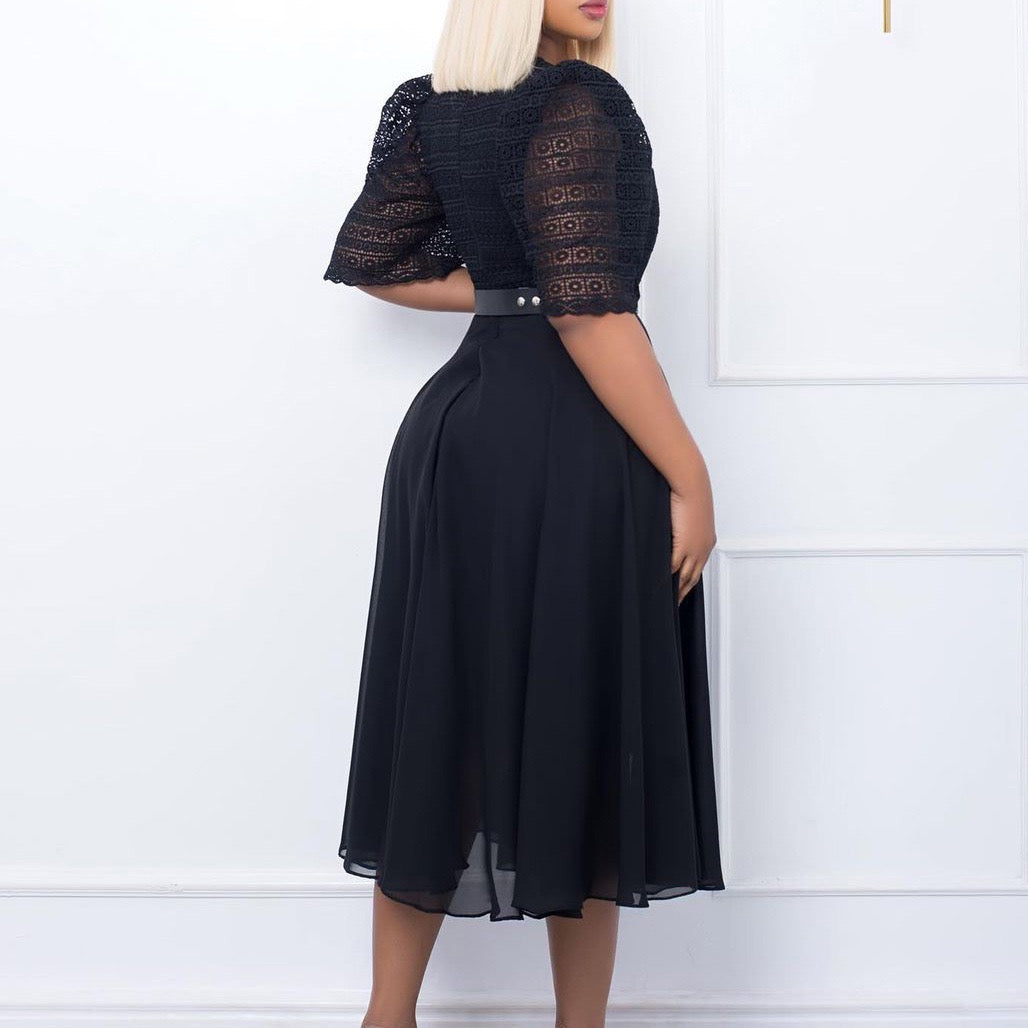 Pleated Midi Dress with Lace Top and Defined Waist Belt