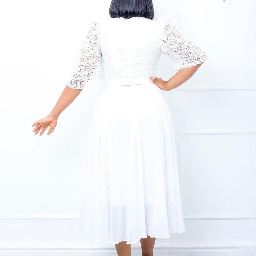 Pleated Midi Dress with Lace Top and Defined Waist Belt