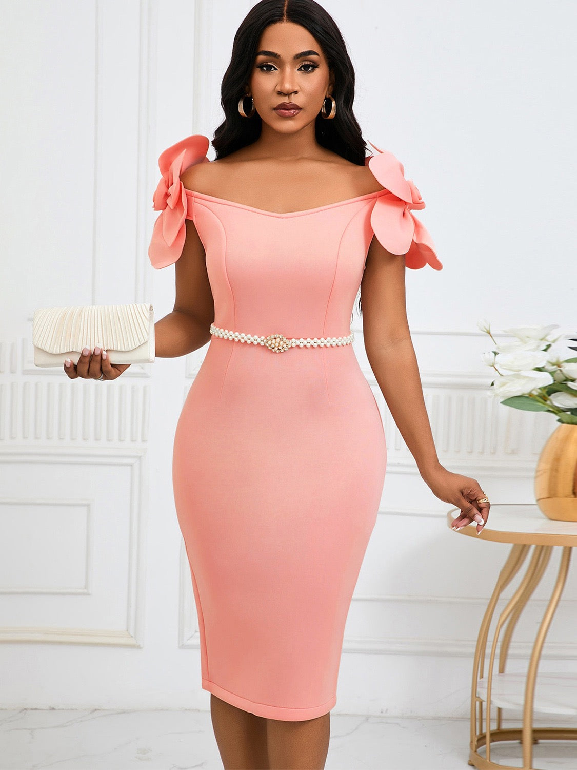 Off Shoulder Midi Dress with Sculpted Fit and Pearl Waist Belt
