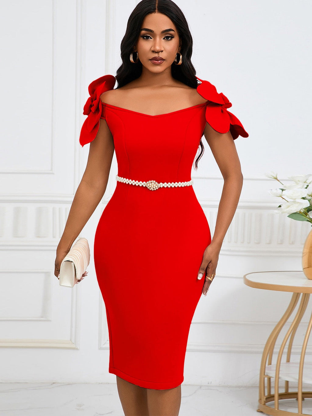 Off Shoulder Midi Dress with Sculpted Fit and Pearl Waist Belt