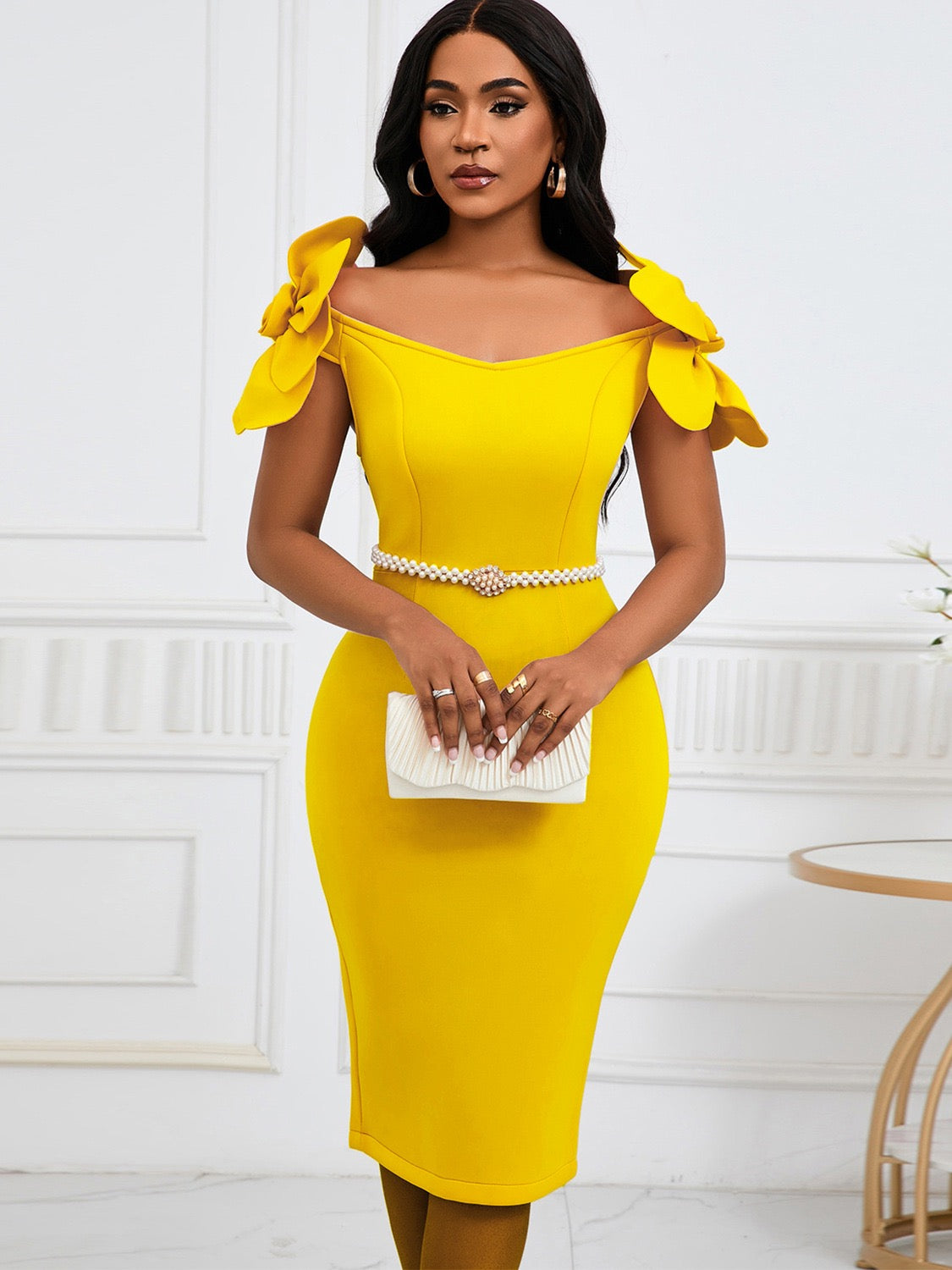 Off Shoulder Midi Dress with Sculpted Fit and Pearl Waist Belt